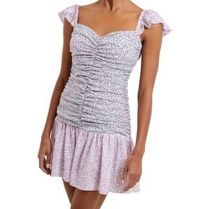 French Connection Enora Mini Dress Women's 0 Lilac Floral Ruched Ruffle NWT Fun
